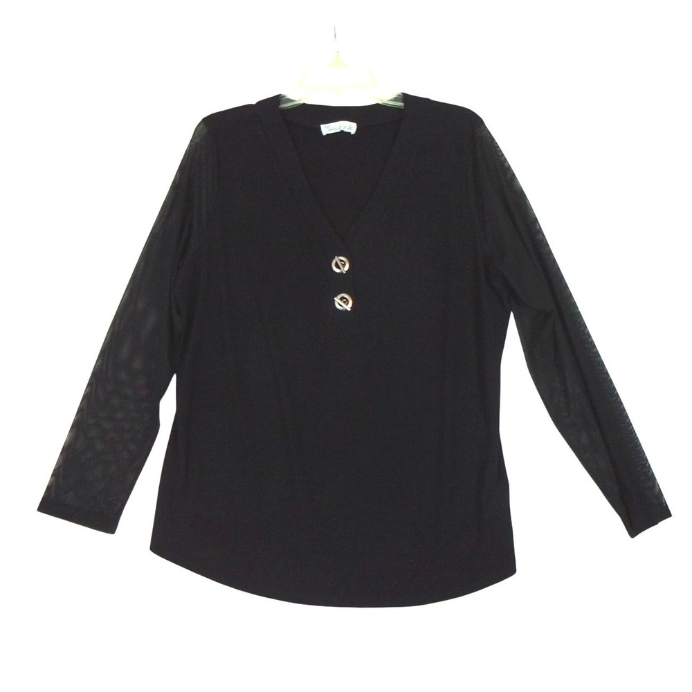 89th + Madison Womens‎ Black Mesh Sleeve V-Neck Toggle Top Blouse 1X RN114186